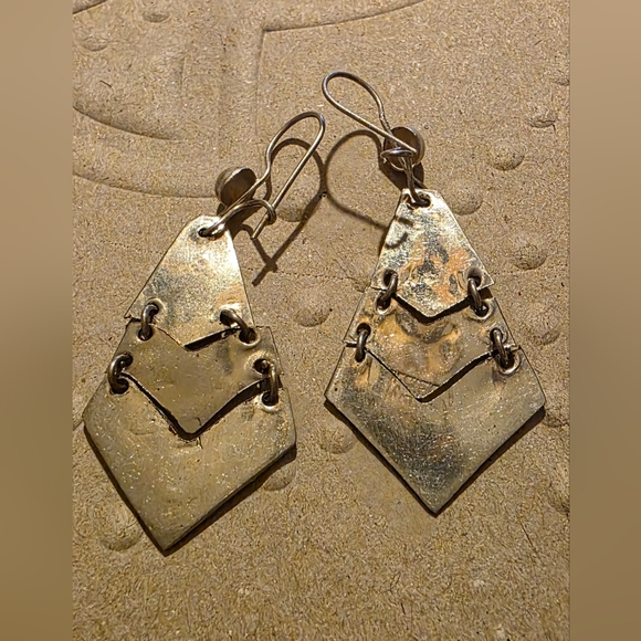 Vintage 60s Era 3 Tier Earrings - Artisan  Crafted In Mexico Abalone & Alpaca - Picture 2 of 9